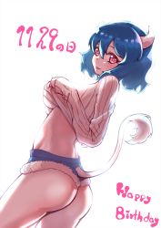 Rule 34 | 1girl, aruku001, ass, blue hair, blue shorts, blush, breasts, clothes lift, cow girl, cow horns, cow tail, dated, happy birthday, highres, horns, jashin-chan dropkick, large breasts, lifted by self, looking at viewer, micro shorts, minos (jashin-chan dropkick), red eyes, short hair, shorts, simple background, smile, solo, sweater, sweater lift, tail, underboob, white background
