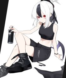 Rule 34 | 1girl, black footwear, black horns, black shorts, black tank top, blue archive, breasts, commentary request, demon horns, demon wings, fataaa, grey halo, hair between eyes, halo, highres, horns, kayoko (blue archive), long hair, multicolored hair, ponytail, red eyes, shoes, shorts, single wing, small breasts, solo, tank top, tongue, tongue out, white hair, wings