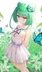Rule 34 | 1girl, arms behind back, bare shoulders, blue ribbon, blush, breasts, bug, butterfly, closed mouth, collarbone, commentary request, crying, crying with eyes open, double bun, dress, feet out of frame, flower, green hair, hair bun, hair ornament, hand on own arm, highres, hololive, insect, kinsuke z, lily (flower), looking at viewer, pink eyes, pout, ribbon, short hair, sideboob, simple background, skull hair ornament, small breasts, solo, standing, tears, uruha rushia, v-shaped eyebrows, virtual youtuber, white background, white dress