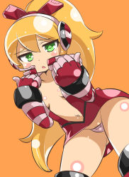 Rule 34 | 1girl, android, blonde hair, boots, breasts, call (mighty no. 9), call f, eyebrows, fingerless gloves, gloves, green eyes, hairband, headphones, jacket, long hair, mighty no. 9, no humans, open mouth, panties, ponytail, ribbon, robot, solo, underwear