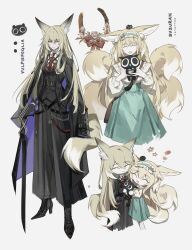 2girls :d ^_^ animal_ear_fluff animal_ears arknights black_coat black_jacket black_skirt black_vest blonde_hair brown_necktie character_name chibi closed_eyes closed_mouth coat coat_on_shoulders eyes_visible_through_hair facing_viewer flower_symbol fox_tail frilled_hairband frills green_hairband green_skirt grey_background hair_between_eyes hairband heixiu highres holding jacket long_hair long_skirt long_sleeves looking_at_viewer luo_xiaohei luo_xiaohei_(cat) luo_xiaohei_zhanji mother_and_daughter multiple_girls multiple_tails necktie official_alternate_costume open_mouth pale_skin potettoe shirt simple_background skirt smile suzuran_(arknights) suzuran_(spring_praise)_(arknights) tail tassel two-sided_coat two-sided_fabric vest vulpisfoglia_(arknights) white_shirt yellow_eyes