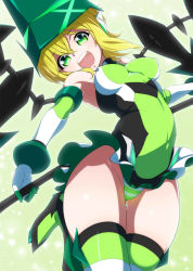 Rule 34 | 1girl, akatsuki kirika, arched back, ass, bad anatomy, bare shoulders, blonde hair, blush, boots, breasts, breasts apart, clothes lift, covered erect nipples, covered navel, elbow gloves, gloves, gluteal fold, green eyes, headgear, highres, kurihara kenshirou, legs together, leotard, looking at viewer, medium breasts, open mouth, senki zesshou symphogear, shiny skin, short hair, skin tight, skirt, skirt lift, solo, striped clothes, striped legwear, striped thighhighs, teeth, thigh gap, thighhighs, upskirt, wind, wind lift