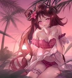 Rule 34 | 1girl, ahoge, animal ears, arknights, bare shoulders, bikini, brown hair, chinese commentary, coconut tree, commentary request, eyjafjalla (arknights), eyjafjalla (summer flower) (arknights), flower, gem, hair flower, hair ornament, highres, holding, horns, long hair, official alternate costume, palm tree, pearl (gemstone), pink bikini, sheep ears, sheep girl, sheep horns, shokuyou koori, solo, stomach, sunset, swimsuit, tree