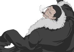 Rule 34 | 1boy, black hair, cigar, coat, crocodile (one piece), fur trim, hair slicked back, highres, looking at viewer, looking back, male focus, one piece, scar, scar on face, smoking, solo, ufkqz, white background
