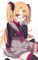 Rule 34 | 1girl, akatsuki uni, alternate costume, bespectacled, commentary request, glasses, gotyou, hair ornament, hairclip, highres, looking at viewer, red eyes, school uniform, simple background, sitting, smile, solo, thighhighs, uni create, virtual youtuber, white background