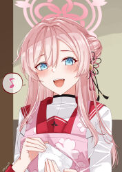 Rule 34 | 1girl, absurdres, apron, blue archive, blue eyes, blush, eighth note, food, hair bun, halo, highres, long hair, looking at viewer, mimori (blue archive), musical note, onigiri, open mouth, pink apron, pink hair, pink halo, rynn (darknescorez), single side bun, smile, solo, spoken musical note, upper body