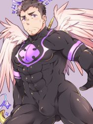 Rule 34 | 1boy, angel, angel wings, bara, black bodysuit, black hair, blush, bodysuit, bulge, facial hair, feathered wings, flustered, flying, frown, halo, highres, large pectorals, looking at viewer, male focus, manly, muscular, nether angel (housamo), pectorals, polearm, purple eyes, short hair, simple background, skin tight, solo, stubble, thick thighs, thighs, tight clothes, tokyo houkago summoners, wafu (youzora samo18), weapon, wings