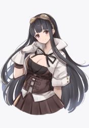 Rule 34 | 1girl, absurdres, bad id, bad twitter id, black hair, bow, breasts, brown eyes, cleavage, cropped legs, dress, gloves, goggles, goggles on head, granblue fantasy, grey background, highres, jessica (granblue fantasy), long hair, smile, solo, white gloves, yuzu-aki