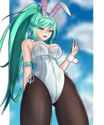 Rule 34 | 1girl, absurdres, animal ears, breasts, chest jewel, detached collar, earrings, fake animal ears, gem, green eyes, green hair, hair ornament, headpiece, highres, jewelry, large breasts, leotard, long hair, looking at viewer, nintendo, pantyhose, playboy bunny, pneuma (xenoblade), ponytail, rabbit ears, simple background, smile, solo, succducc888, swept bangs, tiara, v, very long hair, wrist cuffs, xenoblade chronicles (series), xenoblade chronicles 2