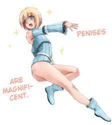 Rule 34 | ankle boots, ass, belt, blonde hair, blue eyes, blush, boots, cuilan, detached sleeves, fabulous, fechirin, happy, hard-translated, lace, looking back, male focus, senkou no ronde, short hair, star (symbol), third-party edit, translated, trap