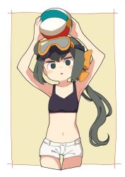 Rule 34 | 1girl, armpits, arms up, ball, beachball, black hair, bow, constanze amalie von braunschbank-albrechtsberger, goggles, goggles on head, hair bow, holding, little witch academia, long hair, nakkasu, ponytail, short shorts, shorts, solid eyes, solo, tank top, thigh gap, thighs