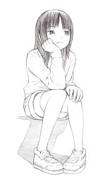 Rule 34 | 1girl, greyscale, head rest, monochrome, original, shorts, simple background, sitting, sketch, solo, white background, yoshitomi akihito