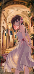 Rule 34 | 1girl, absurdres, arms behind back, azki (hololive), bare arms, bare shoulders, blush, breasts, brown hair, colored inner hair, commentary request, dress, feet out of frame, flower, from side, hair ribbon, highres, hololive, lamp, looking at viewer, medium breasts, multicolored hair, parted lips, pink hair, pink ribbon, plant, potted plant, purple eyes, red flower, red rose, ribbon, rose, see-through silhouette, sleeveless, sleeveless dress, smile, snarkhunt, solo, standing, teeth, upper teeth only, virtual youtuber, wall lamp, white dress, wrist cuffs