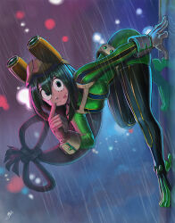 Rule 34 | 1girl, :&gt;, :p, adam ryu ford, asui tsuyu, backlighting, belt, bent over, blurry, blurry background, bodysuit, bokeh, boku no hero academia, boots, breasts, commentary request, dark green hair, depth of field, feet against wall, finger to face, finger to mouth, floating hair, full body, gloves, goggles, goggles on head, green bodysuit, green eyes, grey gloves, hair between eyes, hair rings, hand on wall, hands up, impossible bodysuit, impossible clothes, light, long hair, long sleeves, looking at viewer, looking to the side, low-tied long hair, medium breasts, outdoors, outstretched arm, outstretched leg, partial commentary, rain, reflective wall, sidelighting, sidelocks, signature, skin tight, solo, thigh boots, tongue, tongue out, turning head