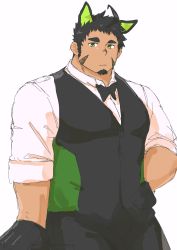 Rule 34 | 1boy, absurdres, bara, black bow, black bowtie, black hair, black pants, black vest, bow, bowtie, butler, collared shirt, cowboy shot, dark-skinned male, dark skin, facial hair, goatee, green eyes, hair strand, haishiba ame, highres, large pectorals, long sideburns, looking at viewer, male focus, muscular, muscular male, original, pants, pectorals, shirt, short hair, sideburns, sleeves rolled up, solo, thick eyebrows, unfinished, vest