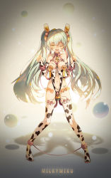 Rule 34 | 1girl, animal print, arrow (symbol), bdsm, bell, body writing, bondage, boots, bound, breasts, character name, collar, cow girl, cow print, elbow gloves, female focus, fingerless gloves, food, food on face, full body, gloves, green eyes, green hair, hatsune miku, highres, long hair, medium breasts, milk mustache, navel, neck bell, object insertion, one eye closed, open mouth, sex machine, sex toy, solo, standing, tally, thigh boots, thighhighs, twintails, vaginal, vaginal object insertion, very long hair, vibrator, vibrator in thighhighs, vocaloid, ying yi