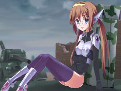 Rule 34 | 1girl, :d, ahoge, armor, backpack, bag, blue eyes, blurry, blush, bodysuit, breastplate, breasts, brick wall, brown hair, camouflage, cloud, cloudy sky, depth of field, from side, full body, glasses, gloves, greaves, hairband, knees up, leotard, long hair, looking at viewer, low twintails, military, military vehicle, motor vehicle, open mouth, outdoors, pauldrons, purple thighhighs, rimless eyewear, robot ears, ruins, shoulder armor, sitting, sky, small breasts, smile, solo, star (symbol), tank, thighhighs, turtleneck, twintails, urichi, vehicle, very long hair, zipper