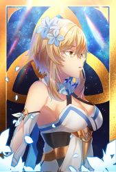 Rule 34 | 1girl, bare shoulders, blonde hair, breasts, collaboration, dress, flower, genshin impact, hair between eyes, hair flower, hair ornament, hayarob, highres, hwaen, large breasts, looking at viewer, lumine (genshin impact), medium hair, open mouth, short hair with long locks, solo, white dress, yellow eyes