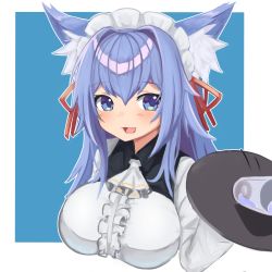 Rule 34 | 1girl, :d, absurdres, animal ear fluff, animal ears, ascot, blue background, blue eyes, blue hair, border, breasts, commentary, english commentary, fox ears, glass, hair ribbon, highres, holding, holding tray, klaius, large breasts, long hair, looking at viewer, maid, maid headdress, mofuko (yokura (yukilina)), open mouth, original, red ribbon, ribbon, smile, solo, spilling, tray, upper body, white ascot, white border