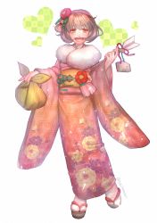 Rule 34 | 1girl, brown eyes, brown hair, full body, gensou suikoden, gensou suikoden ii, hairband, highres, japanese clothes, kimono, looking at viewer, nanami (suikoden), open mouth, sakai (motomei), short hair, simple background, smile, solo, white background