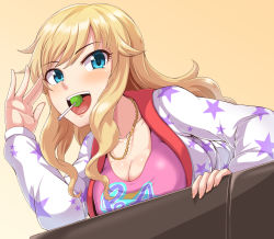 Rule 34 | 10s, 1girl, blonde hair, blue eyes, blush, breast rest, breasts, candy, cleavage, dan (orange train), food, idolmaster, idolmaster cinderella girls, jewelry, large breasts, lollipop, long hair, looking at viewer, necklace, ohtsuki yui, open mouth, smile, star (symbol)