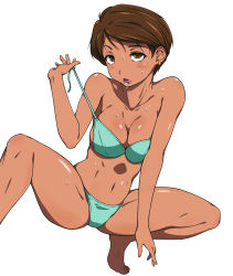 Rule 34 | 1girl, bikini, blush, breasts, brown eyes, brown hair, cleavage, dark-skinned female, dark skin, earrings, jewelry, naughty face, navel, puge, simple background, solo, squatting, super real mahjong, sweat, swimsuit, toned, tongue, tongue out, toono mizuki, undressing