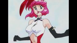 Rule 34 | 1990s (style), 1girl, animal ears, animated, animated gif, blue eyes, bouncing breasts, breasts, clothing cutout, covered erect nipples, elbow gloves, fake animal ears, gainax, gloves, leotard, lipstick, makeup, misty may, navel, navel cutout, open mouth, otaku no video, pink hair, playboy bunny, rabbit ears, retro artstyle, short hair, smile