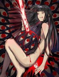 Rule 34 | 1girl, black hair, blood, blood from mouth, e.g.o (project moon), extra eyes, grin, highres, limbus company, long hair, na-gyou (nunumaru), nude, project moon, red eyes, ryoshu (project moon), smile, solo, spider bud, stab, sword, very long hair, weapon