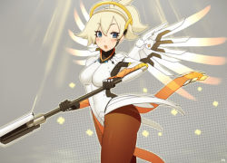 Rule 34 | 1girl, female focus, mercy (overwatch), overwatch, overwatch 1, simple background, solo, tagme