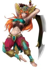 Rule 34 | 1girl, abs, armlet, barefoot, blue eyes, blush, breasts, exotic, fighting stance, green eyes, head wings, hegitsu, helmet, heterochromia, highres, holding, holding sword, holding weapon, large breasts, leg armor, lips, long hair, muscular, navel, original, pants, red hair, simple background, smile, solo, sword, toe scrunch, toes, traditional clothes, underboob, warrior, weapon, white background, wings
