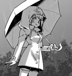 Rule 34 | 1girl, greyscale, holding, holding umbrella, hood, hood up, kinuko (kinucakes), mirako (future club), monochrome, rain, raincoat, smile, solo, umbrella