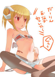 Rule 34 | 1girl, bandeau, bare shoulders, black thighhighs, blonde hair, breasts, demon girl, double bun, hair bun, hand on own stomach, horns, kakuno, looking away, navel, original, panties, pointy ears, red eyes, shelly (kakuno), simple background, sitting, skirt, small breasts, solo, spread legs, stomach growling, striped clothes, striped panties, tail, tattoo, thighhighs, translated, triangle mouth, underwear, white background, wings