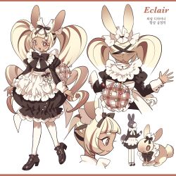Rule 34 | 1girl, :3, apron, arms at sides, black dress, black footwear, black ribbon, blonde hair, blunt bangs, bright pupils, brown hair, bubble skirt, character name, character sheet, closed mouth, cropped torso, dark-skinned female, dark skin, dress, dual persona, eclair (sugar bunny recipe), frilled apron, frills, from behind, full body, highres, juliet sleeves, korean text, long hair, long sleeves, looking at viewer, meremero, multicolored hair, multiple views, open mouth, profile, puffy sleeves, rabbit, rabbit girl, ribbon, scissors, shoes, skirt, standing, streaked hair, sugar bunny recipe, tail cover, translation request, twintails, very long hair, waist apron, white apron, white background, white pupils
