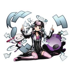 Rule 34 | 10s, 1girl, black dress, blue bow, bow, braid, breasts, cleavage, collarbone, divine gate, dress, full body, hair bow, head tilt, index finger raised, lab coat, long hair, looking at viewer, mobius (divine gate), nail polish, official art, pink hair, pink nails, pink thighhighs, purple eyes, sitting, small breasts, solo, striped clothes, striped thighhighs, thighhighs, transparent background, twin braids, ucmm