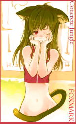Rule 34 | 1girl, animal ears, brown hair, cat ears, cat tail, hands on own cheeks, hands on own face, koin (foxmark), no panties, one eye closed, original, red eyes, solo, tail, tail censor
