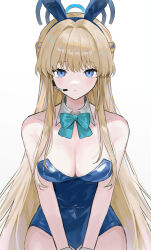 Rule 34 | 1girl, absurdres, animal ears, aqua bow, aqua bowtie, bare shoulders, blonde hair, blue archive, blue eyes, blue hair, blue leotard, bow, bowtie, breasts, cleavage, collarbone, commentary, detached collar, fake animal ears, gradient background, grey background, halo, headset, highres, kimu (user jtjr2257), leotard, long hair, looking at viewer, medium breasts, multicolored hair, official alternate costume, playboy bunny, rabbit ears, solo, thighs, toki (blue archive), toki (bunny) (blue archive), two-tone hair