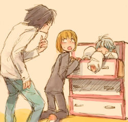 Rule 34 | 00s, barefoot, black hair, blonde hair, blue eyes, chest of drawers, death note, drawer, l (death note), lowres, mello (death note), near (death note), pectorals, white hair