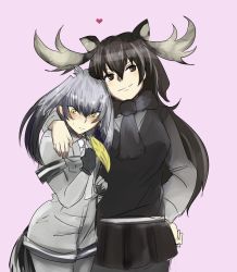 Rule 34 | 10s, 2girls, animal ears, antlers, arm around neck, bad id, bad pixiv id, bird tail, black gloves, black hair, blonde hair, blush, bodystocking, breast pocket, brown eyes, brown hair, chin rest, closed mouth, collared shirt, couple, eyes visible through hair, fingerless gloves, fur scarf, gloves, grey hair, grey neckwear, grey shirt, grey shorts, hair between eyes, hand on own chest, hand on own hip, hands up, head on head, head rest, heart, highres, horns, jietou, kemono friends, layered sleeves, long hair, long sleeves, looking down, looking to the side, low ponytail, moose (kemono friends), moose ears, multicolored hair, multiple girls, necktie, pantyhose, pink background, pocket, scarf, shirt, shoebill (kemono friends), short over long sleeves, short sleeves, shorts, side ponytail, simple background, sketch, skirt, smile, standing, sweater, tail, upper body, yellow eyes, yuri