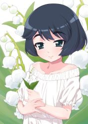 Rule 34 | 10s, 1girl, bare shoulders, black eyes, black hair, casual, closed mouth, commentary, dress, flower, girls und panzer, holding, holding flower, lily of the valley, looking at viewer, off-shoulder dress, off shoulder, senzoc, short hair, short sleeves, smile, solo, standing, thick eyebrows, upper body, utsugi yuuki, white background, white dress