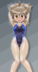 Rule 34 | 1girl, arms up, bdsm, blue one-piece swimsuit, blush, bondage, bound, brown eyes, brown hair, competition swimsuit, earmuffs, navel, one-piece swimsuit, pointy hair, rope, short hair, solo, swimsuit, thigh gap, touhou, toyosatomimi no miko, wavy mouth, winn