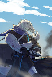Rule 34 | 1boy, arknights, bandaged arm, bandages, black shirt, blood, blue sky, clothes around waist, cloud, cloudy sky, closed eyes, feet out of frame, furry, furry male, highres, injury, jacket, jacket around waist, lizardman, male focus, meganemido, mouth hold, outdoors, rangers (arknights), scarf, shirt, sitting, sky, sleeveless, sleeveless shirt, solo
