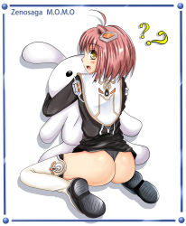 Rule 34 | 00s, 1girl, ?, ??, ahoge, ass, blush, boots, clothes lift, dress, dress lift, from behind, hair ornament, highres, looking back, m.o.m.o., open mouth, panties, pink hair, shiny clothes, shiny skin, short hair, sitting, solo, stuffed animal, stuffed toy, thigh boots, thighhighs, thong, underwear, wariza, xenosaga