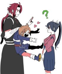 Rule 34 | 10s, 1girl, 2boys, ?, akarui, anger vein, bad id, bad twitter id, blue hair, boots, brown hair, casual, child, commentary request, crossover, closed eyes, from side, hair ornament, hairclip, heart, height difference, houchou toushirou, houshou (kancolle), japanese clothes, kantai collection, long hair, long sideburns, military, military uniform, multiple boys, name connection, pantyhose, picking up, ponytail, purple hair, simple background, smile, tasuki, tonbokiri (touken ranbu), touken ranbu, uniform, white background