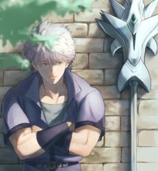 Rule 34 | 1boy, arm guards, b-saku, blurry, brick wall, closed mouth, crossed arms, day, depth of field, dragon quest, dragon quest dai no daibouken, grey hair, highres, hyunkel, jacket, male focus, outdoors, polearm, purple jacket, short hair, short sleeves, sideways glance, solo, spear, toned, toned male, weapon, white hair