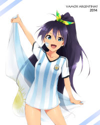 Rule 34 | 1girl, 2014 fifa world cup, :d, argentina, argentinian flag, argentinian flag print, black hair, color connection, drawing on another&#039;s face, fang, flag, flag print, ganaha hibiki, hair ribbon, highres, idolmaster, idolmaster (classic), kaiga, long hair, no pants, open mouth, ponytail, ribbon, shirt, smile, soccer, soccer uniform, solo, sportswear, striped clothes, striped shirt, vertical-striped clothes, vertical-striped shirt, world cup