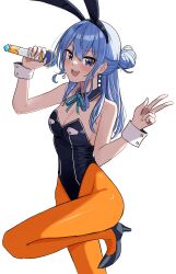 Rule 34 | 1girl, :d, adapted costume, animal ears, bare shoulders, black hairband, black leotard, blue eyes, blue hair, blush, breasts, chrispy tuna, detached collar, earrings, fake animal ears, hair bun, hairband, hands up, highres, holding, holding microphone, hololive, hoshimachi suisei, hoshimachi suisei (streetwear), jewelry, knee up, leotard, long hair, looking at viewer, medium breasts, microphone, neck ribbon, open mouth, orange pantyhose, pantyhose, playboy bunny, rabbit ears, ribbon, simple background, smile, solo, standing, standing on one leg, star (symbol), star in eye, symbol in eye, virtual youtuber, w, white background, wrist cuffs