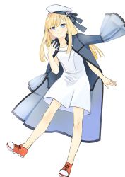 Rule 34 | 1girl, blonde hair, blue eyes, blue jacket, closed mouth, collarbone, commentary request, dress, fate (series), flower, foot up, full body, grey flower, hand up, hat, hat flower, highres, jacket, jacket on shoulders, long hair, long sleeves, lord el-melloi ii case files, red footwear, reines el-melloi archisorte, satou usuzuku, shoes, simple background, smile, sneakers, solo, tilted headwear, white background, white hat, wide sleeves