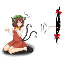 Rule 34 | 1girl, animal ears, brown eyes, brown hair, cat ears, cat girl, cat tail, cat teaser, chen, earrings, female focus, gap (touhou), hat, hero rice, jewelry, kneeling, multiple tails, paw pose, short hair, solo, tail, touhou, white background
