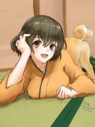Rule 34 | 1girl, breast rest, breasts, brown hair, commentary request, dog, green hakama, hakama, hakama skirt, highres, hiryuu (kancolle), japanese clothes, kantai collection, kimono, looking at viewer, lying, on stomach, one side up, orange kimono, short hair, side ponytail, skirt, tatami, umibudou