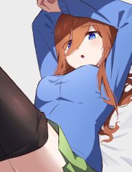 Rule 34 | 1girl, :o, arms up, black pantyhose, blue eyes, blue sweater, blush, breasts, bright pupils, brown hair, clothes pull, commentary, eyes visible through hair, foreshortening, go-toubun no hanayome, green skirt, hair between eyes, hair over one eye, hair over shoulder, hair spread out, highres, hyoe (hachiechi), large breasts, long hair, looking at viewer, lying, miniskirt, nakano miku, on back, open mouth, pantyhose, pantyhose pull, pleated skirt, school uniform, simple background, skirt, solo, sweater, white background, white pupils